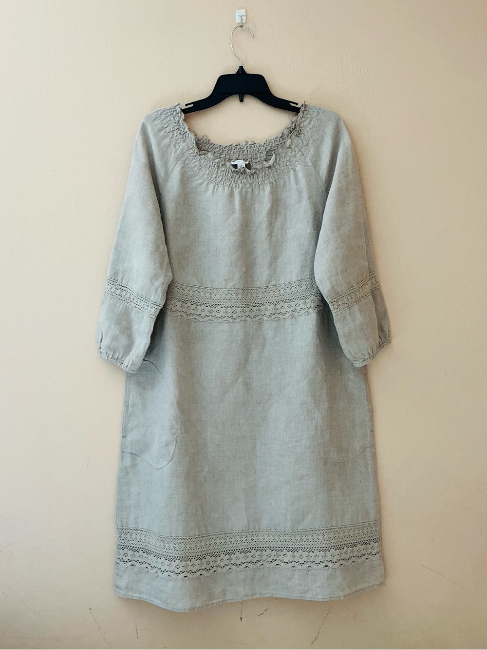 J. Jill Light Cream 100% Linen Crochet-Trim Midi Dress - Picture 1 of 7